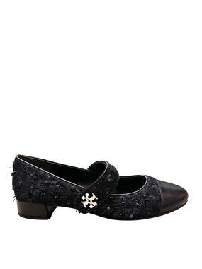 NEW TORY BURCH Black Boucle Leather Cap Toe Ballet Mary Jane Heel